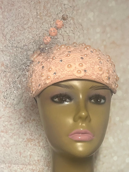 Peach Lace Fascinator Half Hat, Weddings, Church, Tea Parties, and other Special Occasions