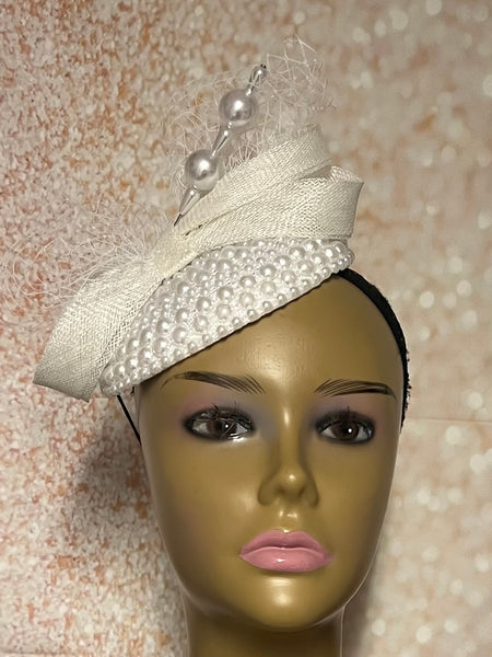 White Beaded Pearl Button Bow Half Hat Fascinator for weddings, church and special occasions, Gift for Mom, Sister, Wife, Her