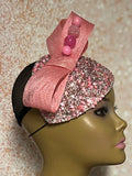 Pink Crystal Rhinestone Beaded Fascinator Half Hat with Bow for Church, Tea Parties Weddings and other special occasions