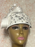 White Beaded Half Hat Fascinator for Church and Special Occasion Headwear