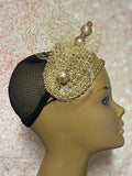 Gold Bead and Rhinestone Headband-Shaped Fascinator Half Hat for Church, Tea Parties, Weddings and other special occasions