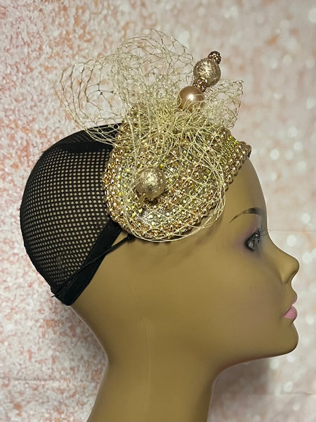 Gold Bead and Rhinestone Headband-Shaped Fascinator Half Hat for Church, Tea Parties, Weddings and other special occasions