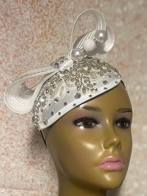 White Rhinestone Satin Teardrop Fascinator Half Hat for Church, Tea Party, Kentucky Derby, Bridal party, Wedding, and Special Occasions
