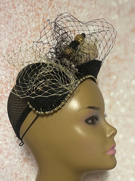 Black and Gold Beaded Sequin Headband Half Hat Fascinator for weddings, church and special occasions