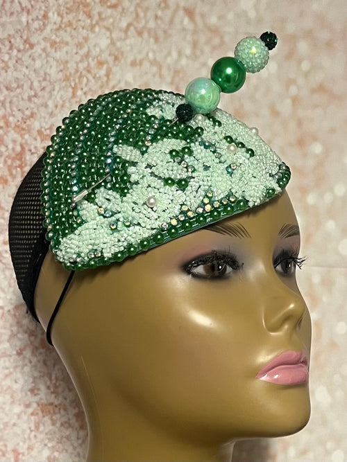 Dark Green Crystal Bead Bling Fascinator | Mint Green Teardrop Half Hat for Church