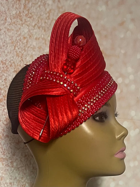 Red Beaded Satin Fascinator Half Hat for Church, Tea Parties, Weddings and other special occasions