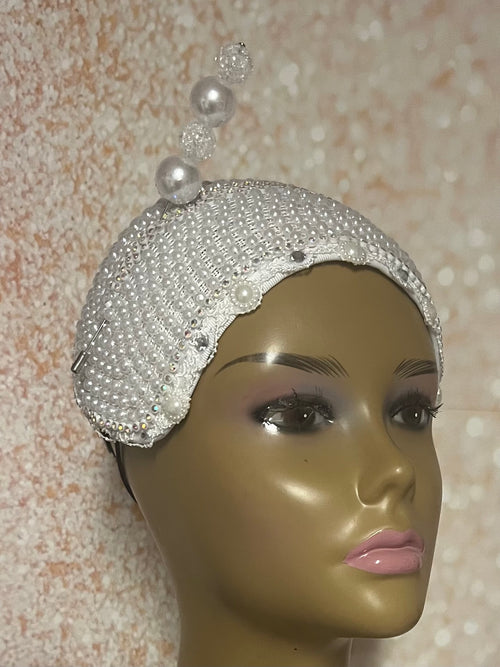 White Beaded Pearl Wide Headband Shaped Half Hat Fascinator for weddings, church and special occasions, Gift for Mom, Sister, Wife, Her