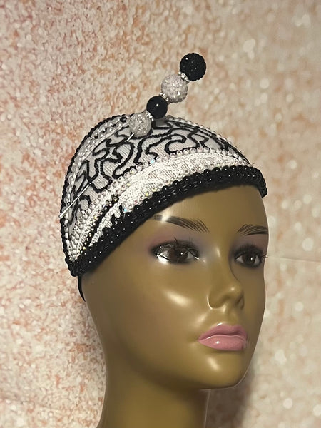 Black and White Beaded Lace Fascinator Half Hat for Church