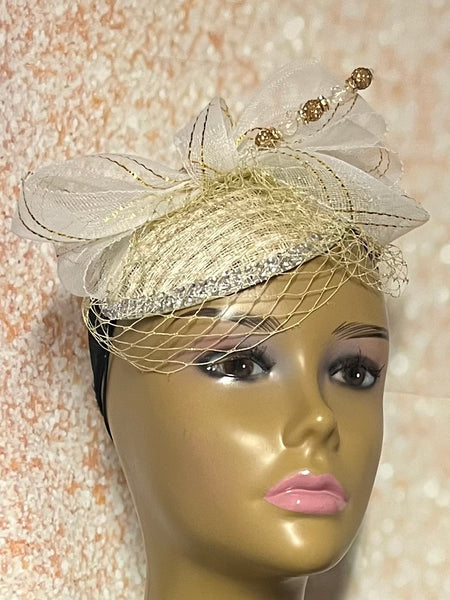 Gold and White Sinamay Rhinestone Bling Fascinator Half Hat for church, weddings, tea parties and other special occasions