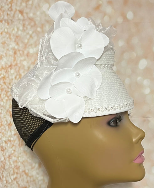 White Flower Full Hat Fascinator for weddings, church and special occasions