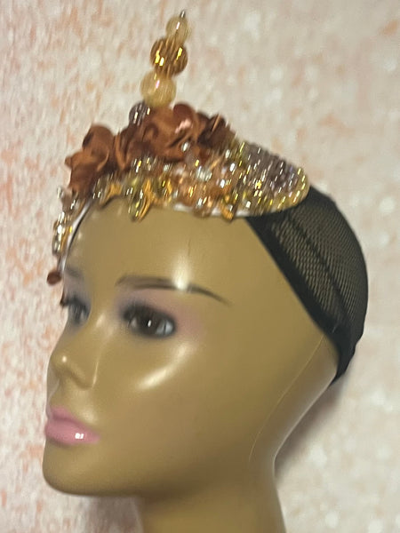 Gold and Brown Beaded Flower Fascinator, Church Special Occasion Half Hat