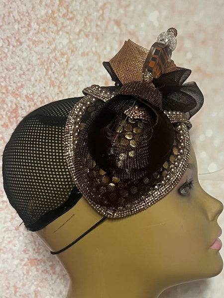Brown Bronze Gold Double Teardrop Fascinator, Multicolor Earth Tone Double Cup Special Occasion Half Hat for church
