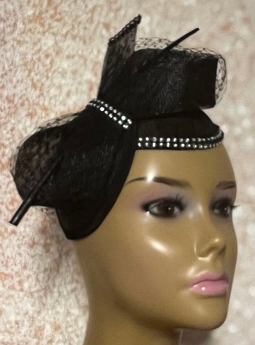 Beautiful Black Sinamay Bling Half Hat Fascinator for weddings, church, tea parties and special occasions