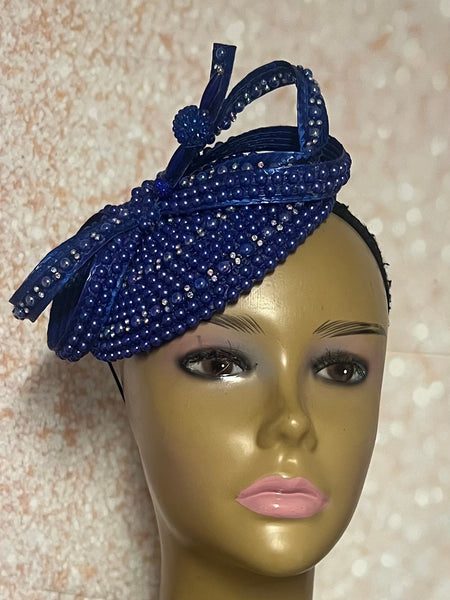 Blue and Round Beaded Rhinestone Fascinator for Church, Cobalt Blue Half Hat for Tea Parties, Weddings and Special Occasions