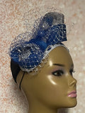 Silver and Blue Lace Rhinestones Studded Headband-Shaped Fascinator Half Hat for Church, Tea Party, Weddings and other special occasions