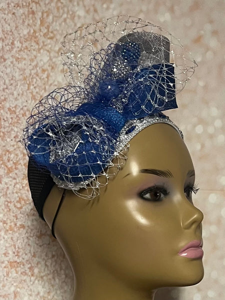 Silver and Blue Lace Rhinestones Studded Headband-Shaped Fascinator Half Hat for Church, Tea Party, Weddings and other special occasions