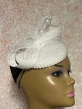 White Beaded Pearl Button Half Hat Fascinator for weddings, church and special occasions, Gift for Mom, Sister, Wife, Her