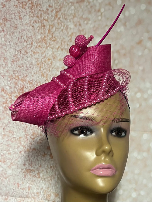 Fuchsia Pink Sequin Beaded Fascinator Half Hat for Church head covering, Tea Party, Wedding, and other Special Occasions