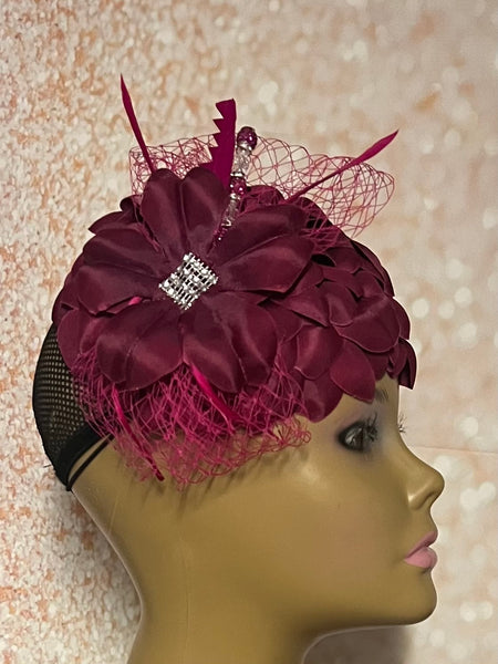 Burgundy Flower Fascinator Half Hat for Church, Weddings and other special occasions