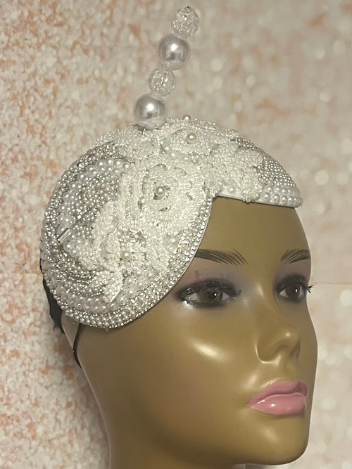 White Double Cup Pearl Bead Half Hat Fascinator for weddings, church, tea parties and special occasions