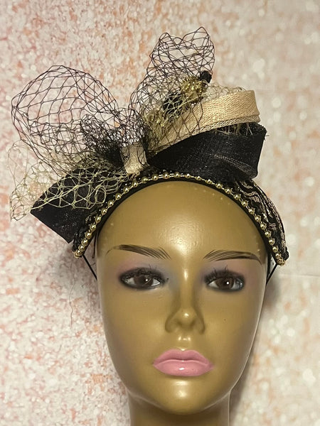 Black and Gold Beaded Sequin Headband Half Hat Fascinator for weddings, church and special occasions