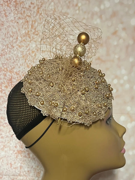 Gold Beaded Fascinator Half Hat for Church, Tea Parties, Weddings and other special occasions