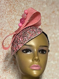 Pink Crystal Rhinestone Beaded Fascinator Half Hat with Bow for Church, Tea Parties Weddings and other special occasions