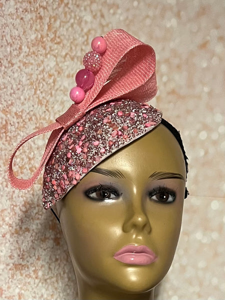 Pink Crystal Rhinestone Beaded Fascinator Half Hat with Bow for Church, Tea Parties Weddings and other special occasions