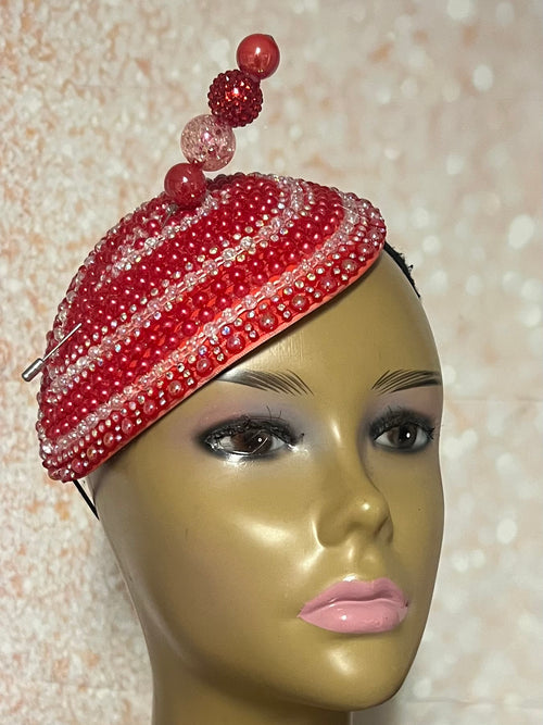 Red Beaded Teardrop Fascinator Half Hat, Church and Special Occasion Headpiece