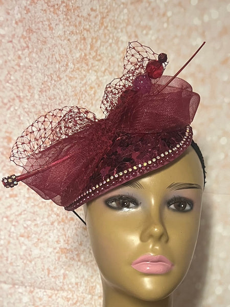Burgundy Wine Sequin Teardrop Fascinator Half Hat for Church, Weddings, and other special occasions
