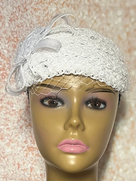 White Rhinestone Hat for Church, Wedding, Mother of the Bride, Head Covering, Tea Parties