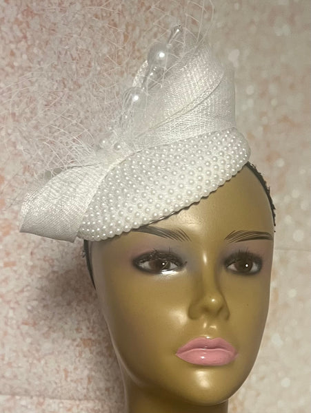 White Beaded Pearl Button Half Hat Fascinator for weddings, church and special occasions, Gift for Mom, Sister, Wife, Her