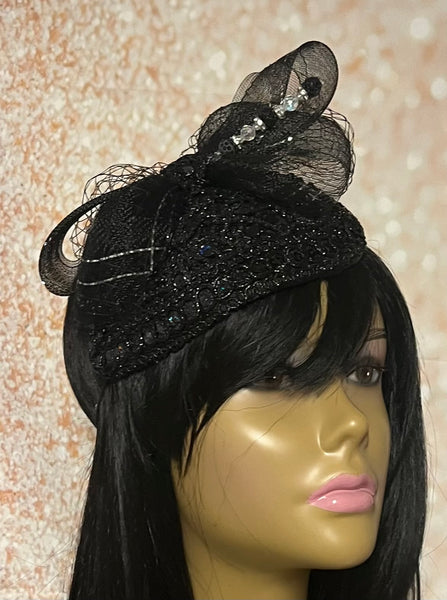 Black Sequin Lace Teardrop Fascinator Half Hat for Church Head Covering, Weddings, Tea Parties and  Other Special Occasions