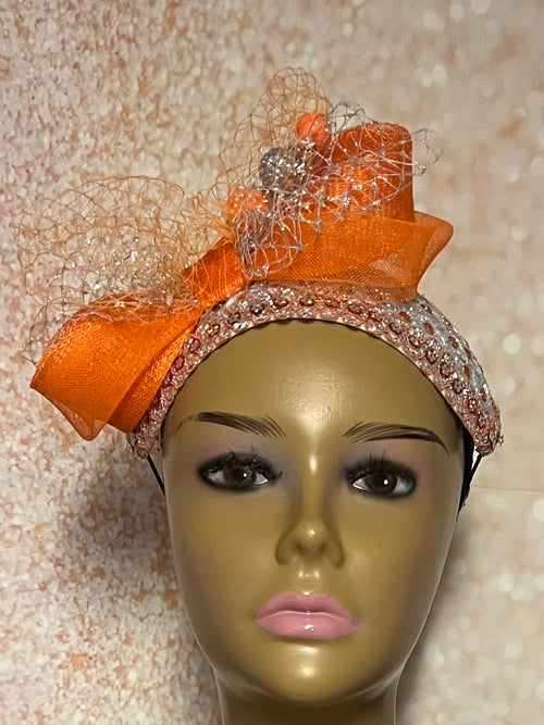 Silver and Orange Headband Half Hat Fascinator for Church Head Covering, Wedding, Tea Party, Mother of the Bride, and Other Special Occasion