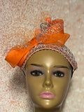 Silver and Orange Headband Half Hat Fascinator for Church Head Covering, Wedding, Tea Party, Mother of the Bride, and Other Special Occasion
