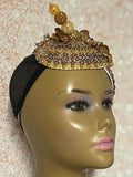 Gold and Beige/Khaki Beaded Flower Double Cup Fascinator, Church Special Occasion Half Hat