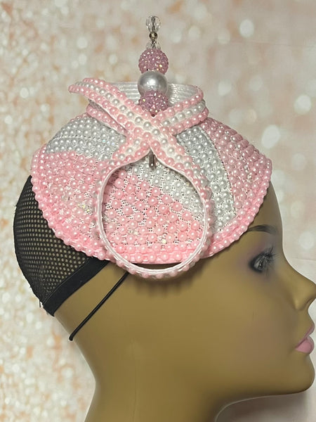 Pink and White Beaded hat for Church, Wedding, Mother of the Bride, Head Covering, Tea Parties and other special occasions