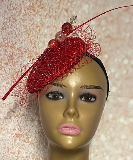 Red Beaded Sinamay Teardrop Fascinator Half Hat, Weddings, Church, Tea Parties, and other Special Occasions