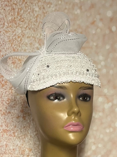 White Embroidered Lace Half Hat Fascinator for weddings, church, tea parties and special occasions