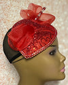 Red Beaded Sinamay Teardrop Fascinator Half Hat, Weddings, Church, Tea Parties, and other Special Occasions