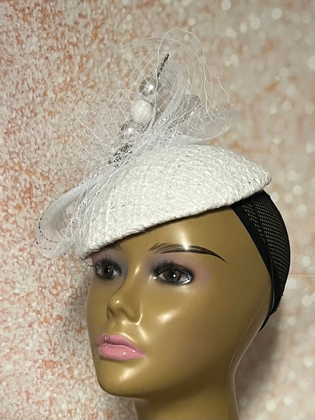 White Tweed Half Hat Fascinator for weddings, church, tea parties and special occasions