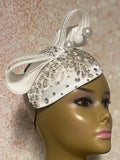 White Rhinestone Satin Teardrop Fascinator Half Hat for Church, Tea Party, Kentucky Derby, Bridal party, Wedding, and Special Occasions