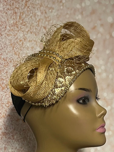 Gold Sequin Beaded Fascinator Half Hat with Bow and Veiling for Church, Tea Parties, Weddings and other special occasions