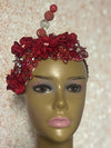 Red Flower Beaded Double Teardrop Fascinator Hat, Church and Special Occasion Headwear