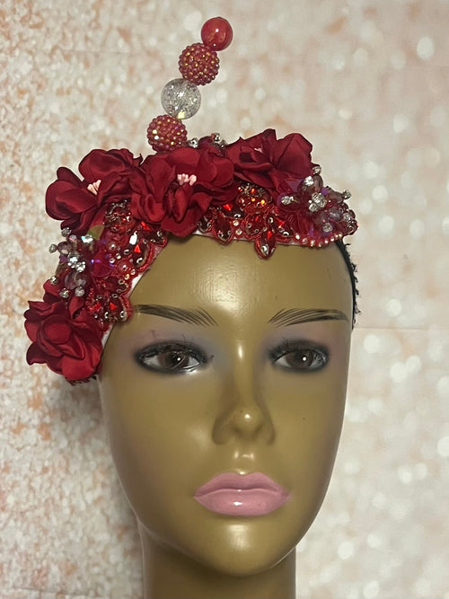 Red Flower Beaded Double Teardrop Fascinator Hat, Church and Special Occasion Headwear