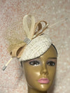 Cream and Gold Button Fascinator Half Hat for Church Head Covering, Tea Party, Wedding and Other Special Occasions