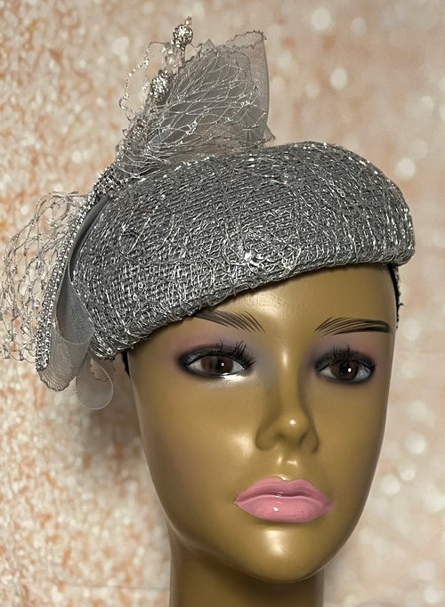 Silver/Gray Rhinestone Crystal Bling Fascinator Hat for Church, Weddings, Tea Parties, and Other Special Occasions