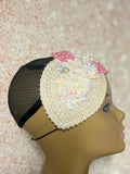 Pink and Off-White Iridescent Rhinestone Double Teardrop Beaded Fascinator