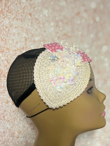 Pink and Off-White Iridescent Rhinestone Double Teardrop Beaded Fascinator