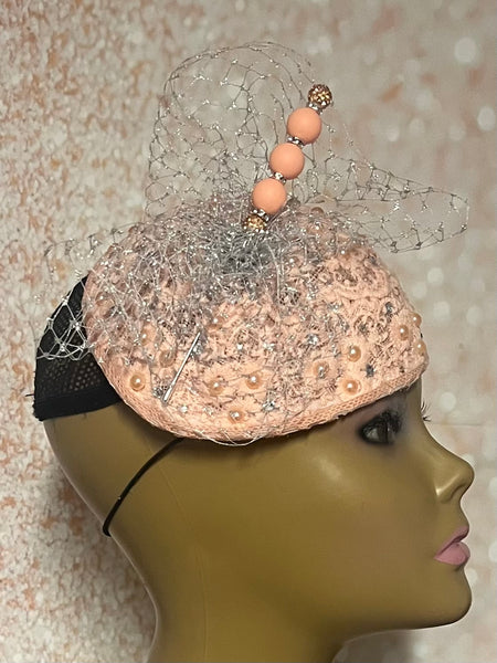 Peach Lace Fascinator Half Hat, Weddings, Church, Tea Parties, and other Special Occasions